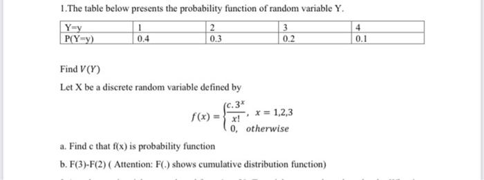 1.The table below presents the probability function of random variable Y. Y-y