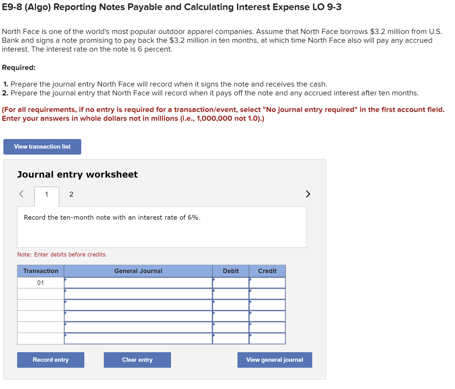 E9-8 (Algo) Reporting Notes Payable and Calculating Interest Expense LO 9-3 North