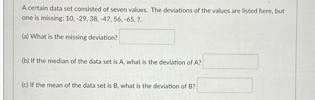 A certain data set consisted of seven values. The deviations of the