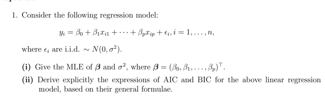 1. Consider the following regression model: Yi = o + Bxi1 +