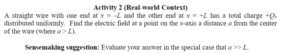 Activity 2 (Real-world Context) A straight wire with one end at x