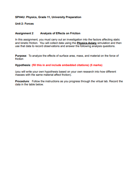 SPH4U: Physics, Grade 11, University Preparation Unit 2: Forces Assignment 2 Analysis