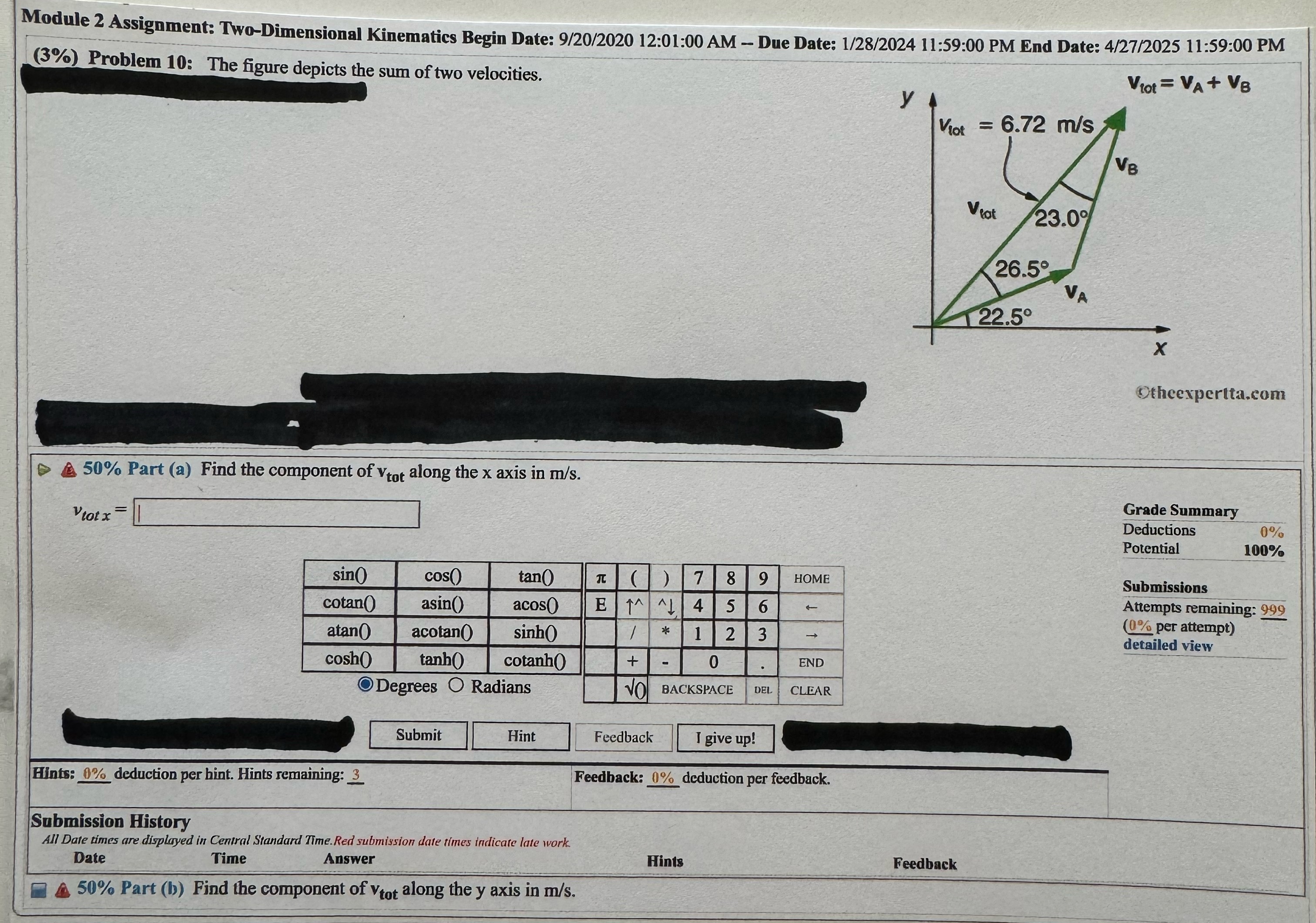 Module 2 Assignment: Two-Dimensional Kinematics Begin Date: 9/20/2020 12:01:00 AM -- Due