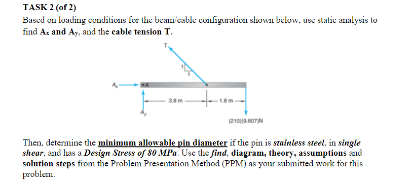 TASK 2 (of 2) Based on loading conditions for the beam/cable configuration