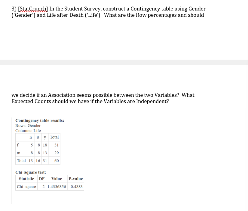 3) [StatCrunch] In the Student Survey, construct a Contingency table using Gender