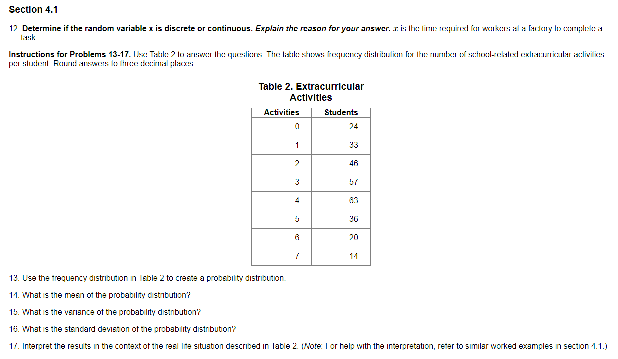Section 4.1 12. Determine if the random variable x is discrete or