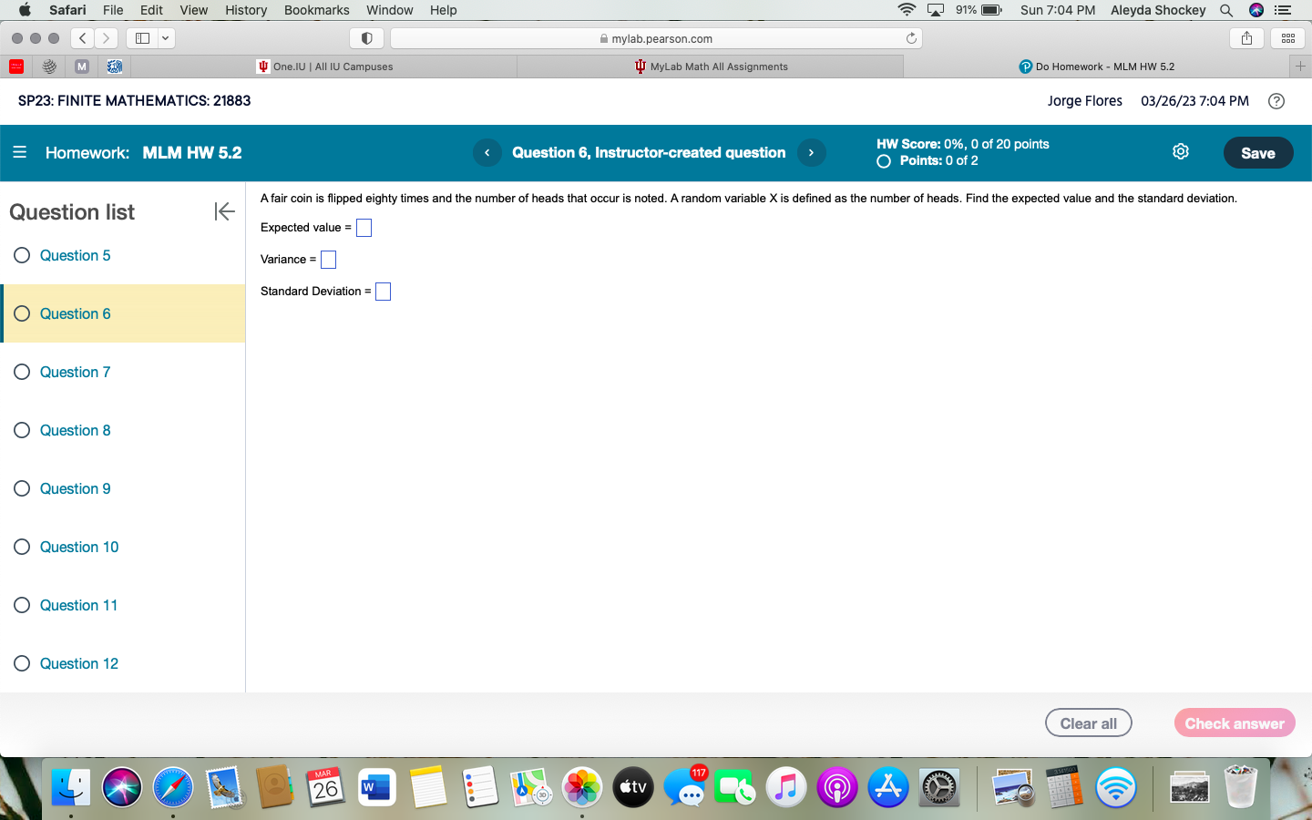 Question list K Question 5 mylab.pearson.com MyLab Math All Assignments Question 12,