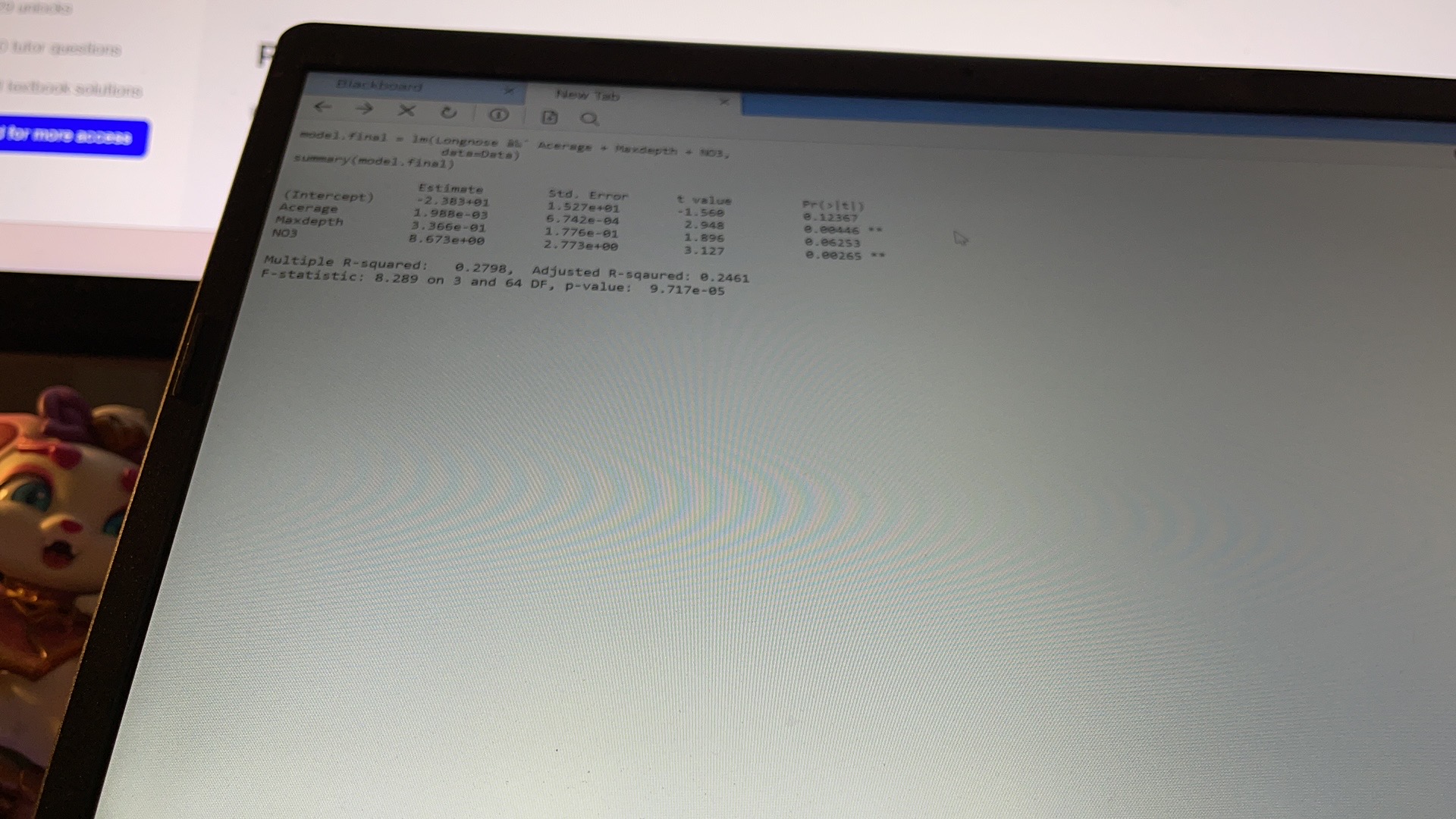 a data set and the following output has been returned in R.