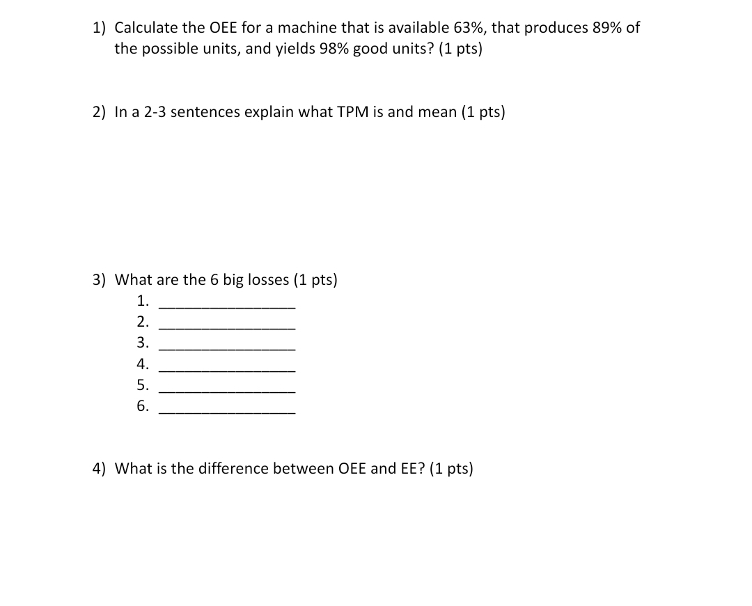 1) Calculate the OEE for a machine that is available 63%, that