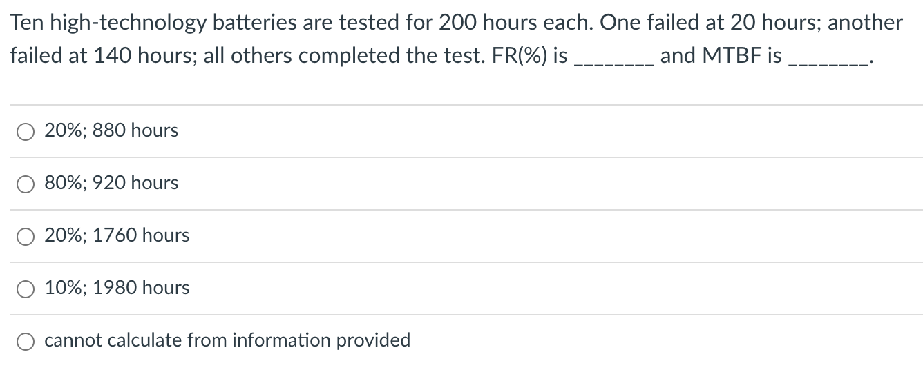 Ten high-technology batteries are tested for 200 hours each. One failed at