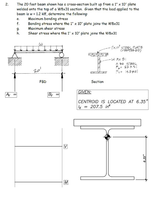 2. The 20 foot beam shown has a cross-section built up from