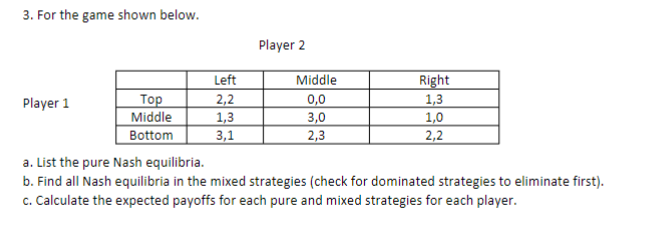 3. For the game shown below. Player 2 Left Middle Right Player