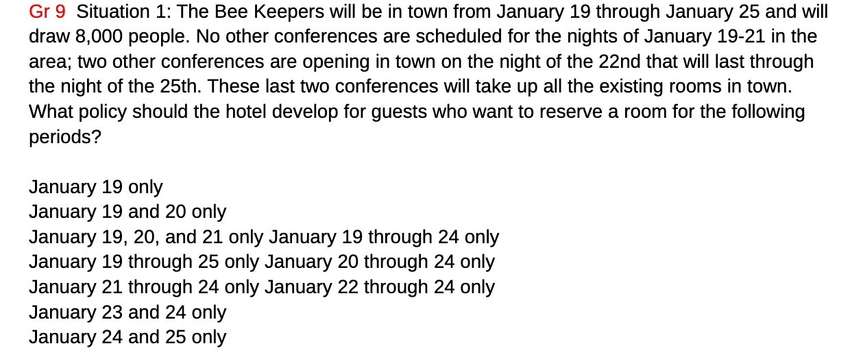 Gr 9 Situation 1: The Bee Keepers will be in town from