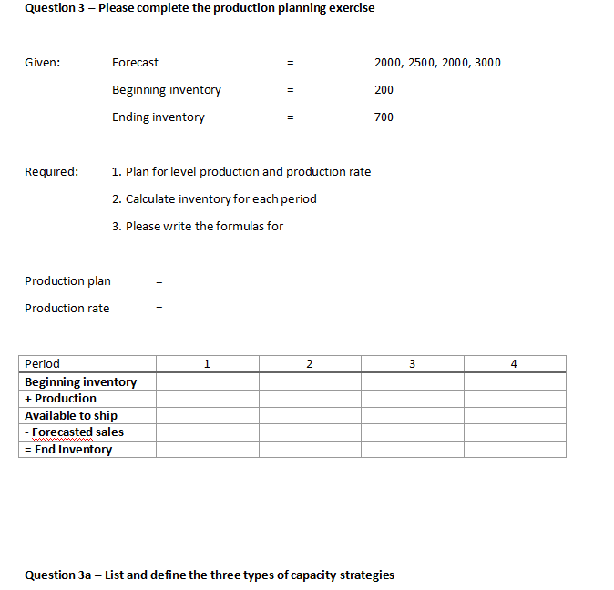 Question 3 - Please complete the production planning exercise Given: Forecast =
