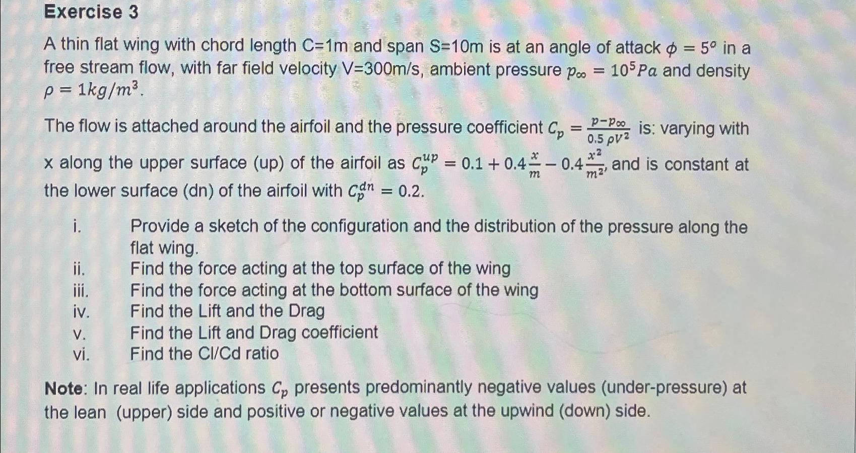 Exercise 3 A thin flat wing with chord length C=1m and span