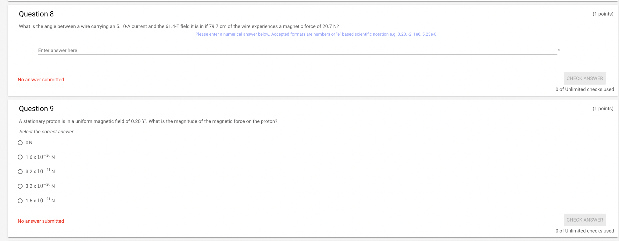 Question 8 What is the angle between a wire carrying an 5.10-A