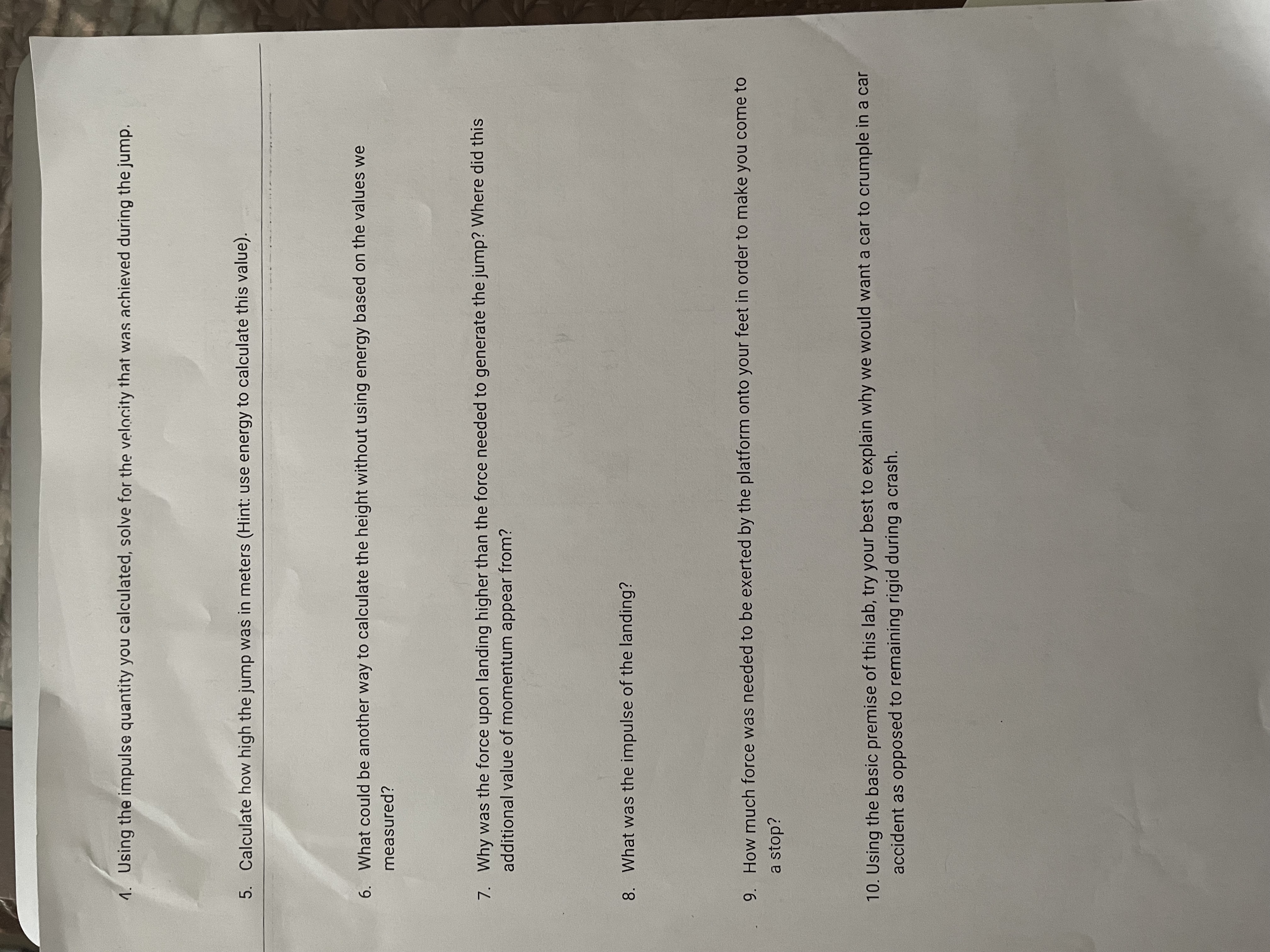 1. Using the impulse quantity you calculated, solve for the velocity that