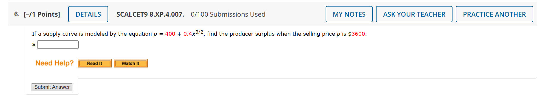 6. [-/1 Points] DETAILS SCALCET9 8.XP.4.007. 0/100 Submissions Used MY NOTES ASK