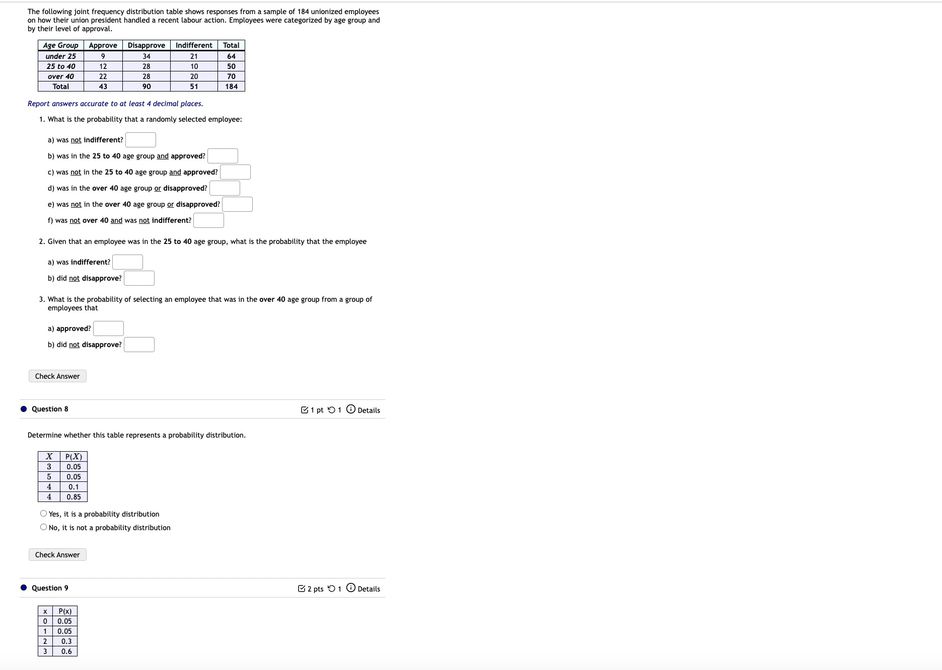 The following joint frequency distribution table shows responses from a sample of