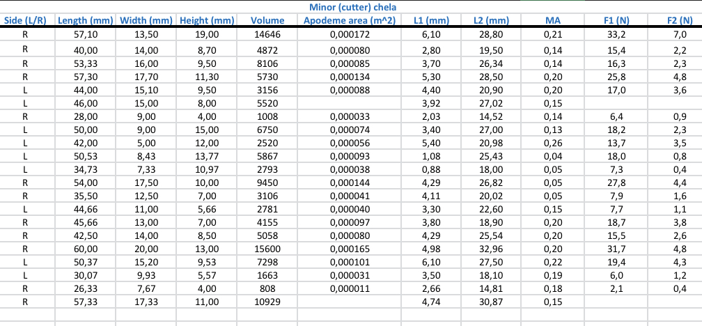 Side (L/R) Length (mm) Width (mm) Height (mm) Volume Minor (cutter) chela