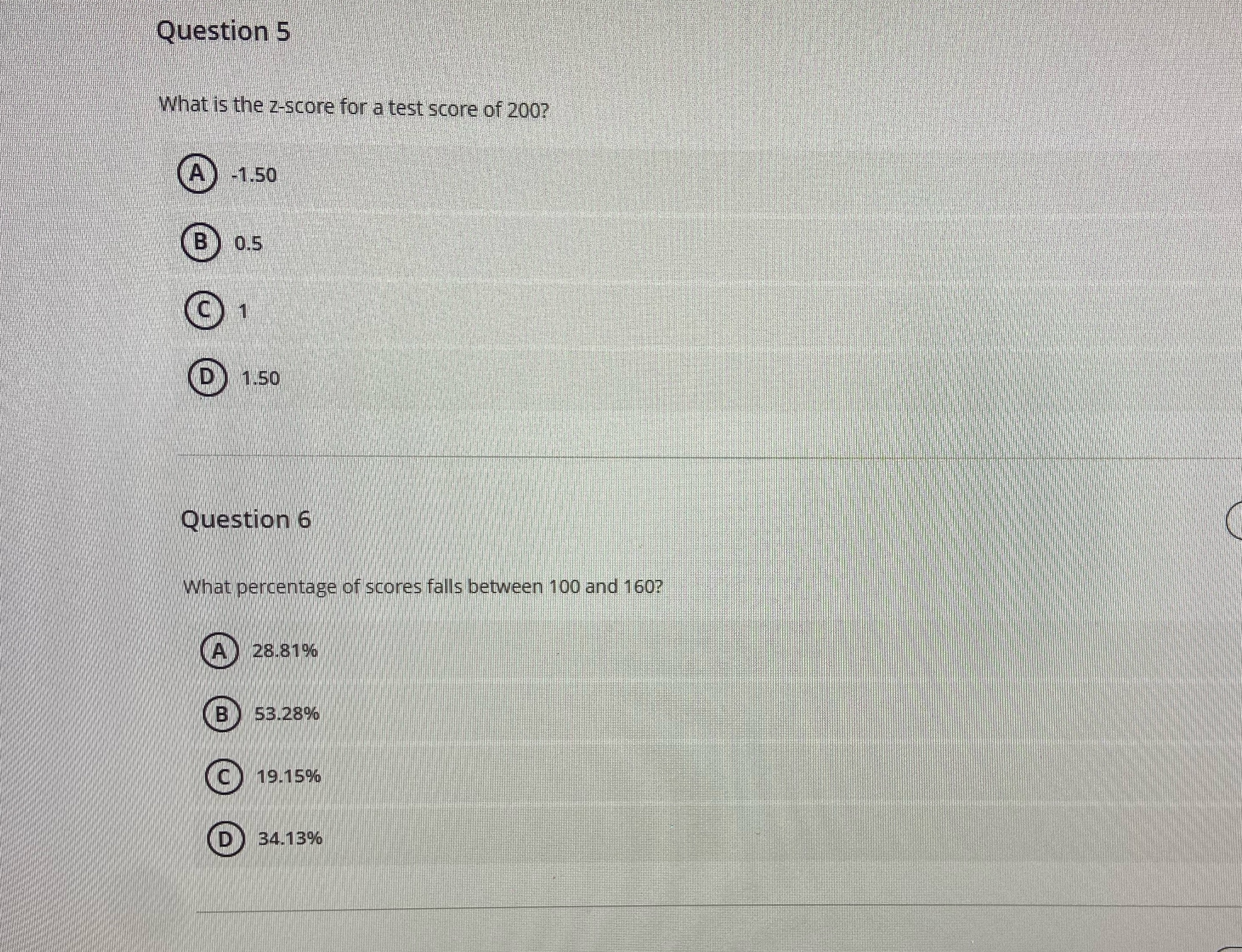 Question 5 What is the z-score for a test score of 200?