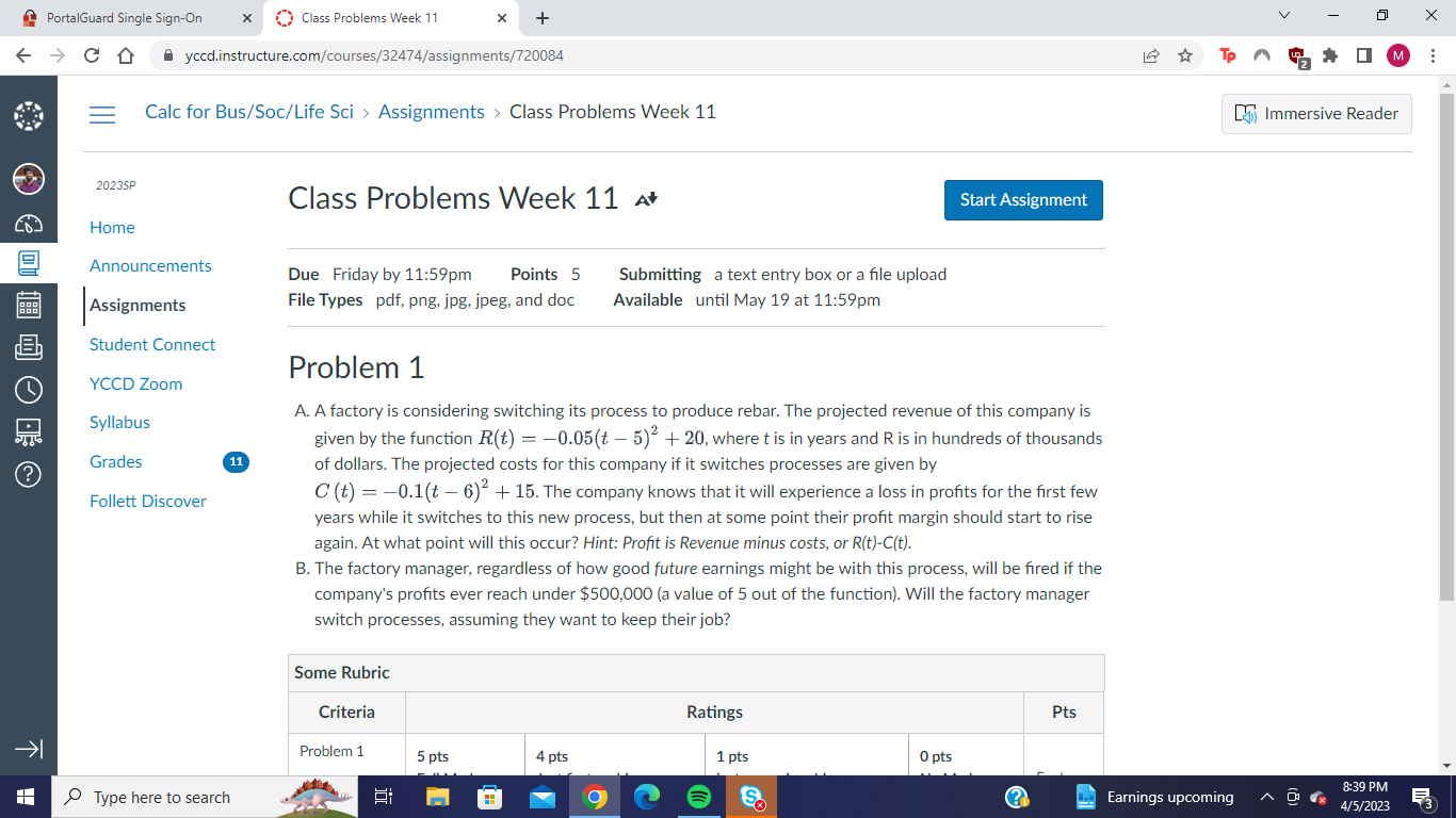 PortalGuard Single Sign-On Class Problems Week 11 + C D yccd.instructure.com/courses/32474/assignments/720084 Calc