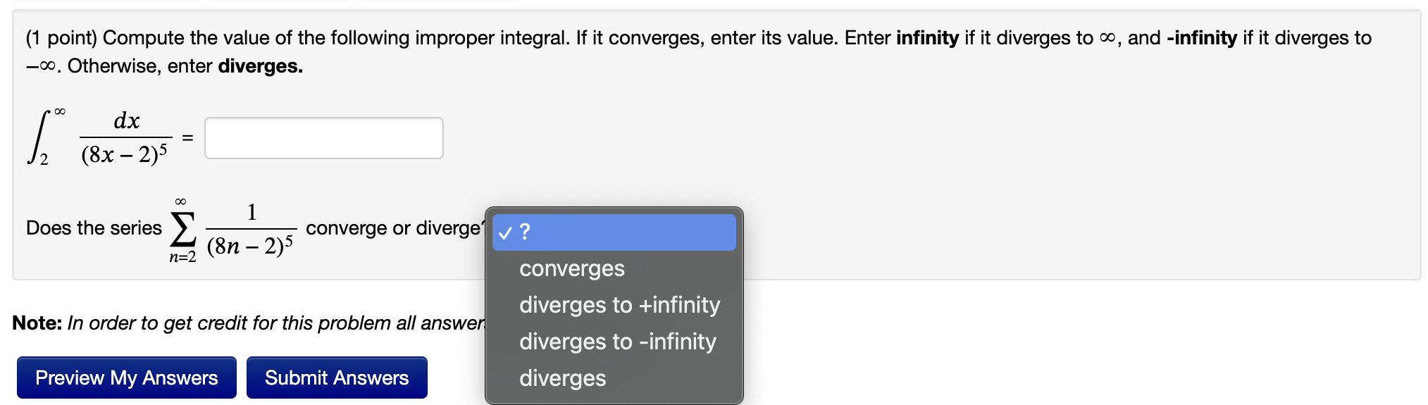 diverges to - or 'DNE' otherwise. (a) The series 9n 2n+5 infinity