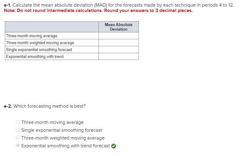 Calculate the simple three-month moving average forecast for periods 4 to 12.