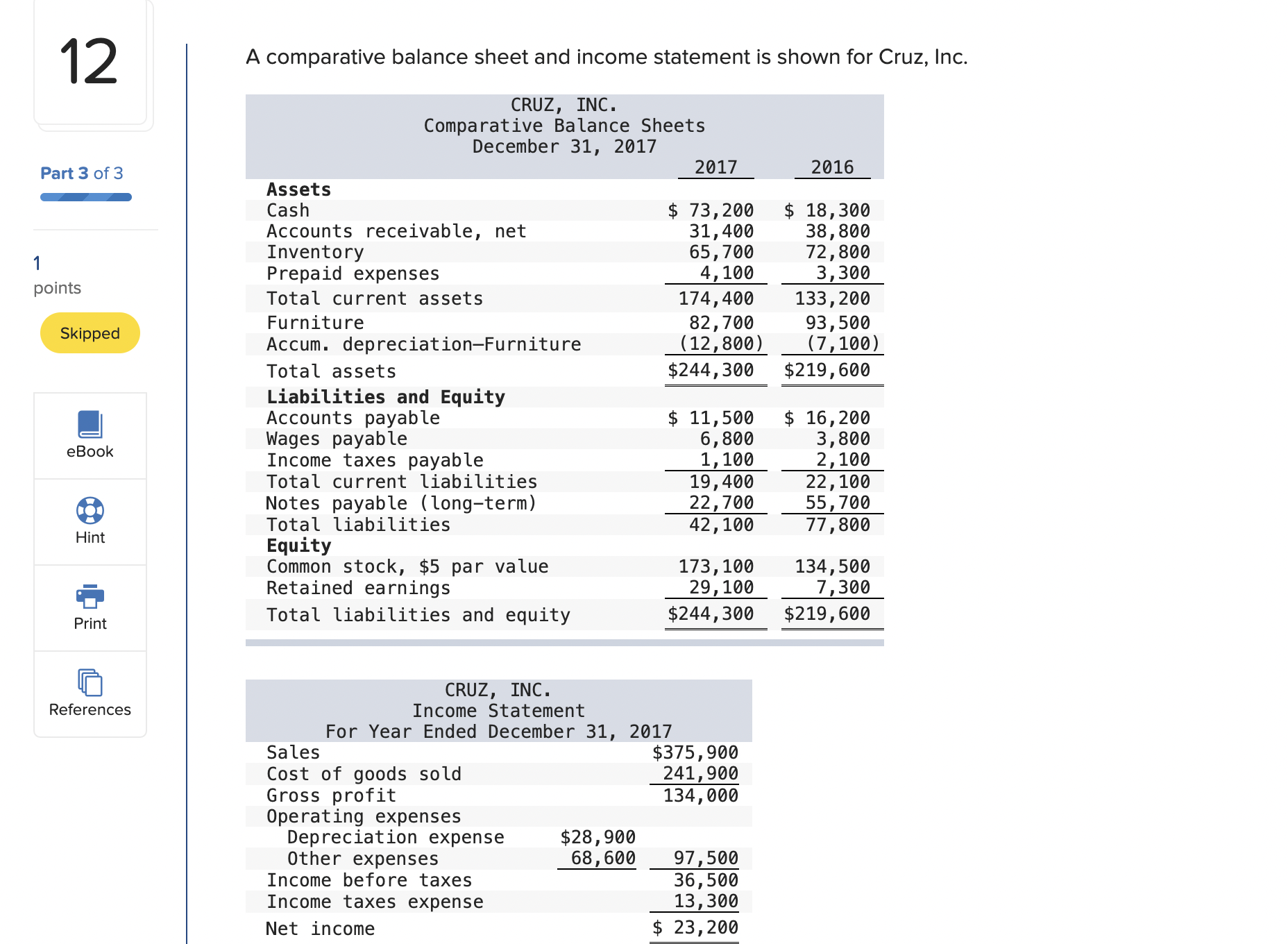 12 A comparative balance sheet and income statement is shown for Cruz,