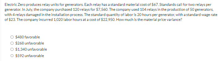 Electric Zero produces relay units for generators. Each relay has a standard