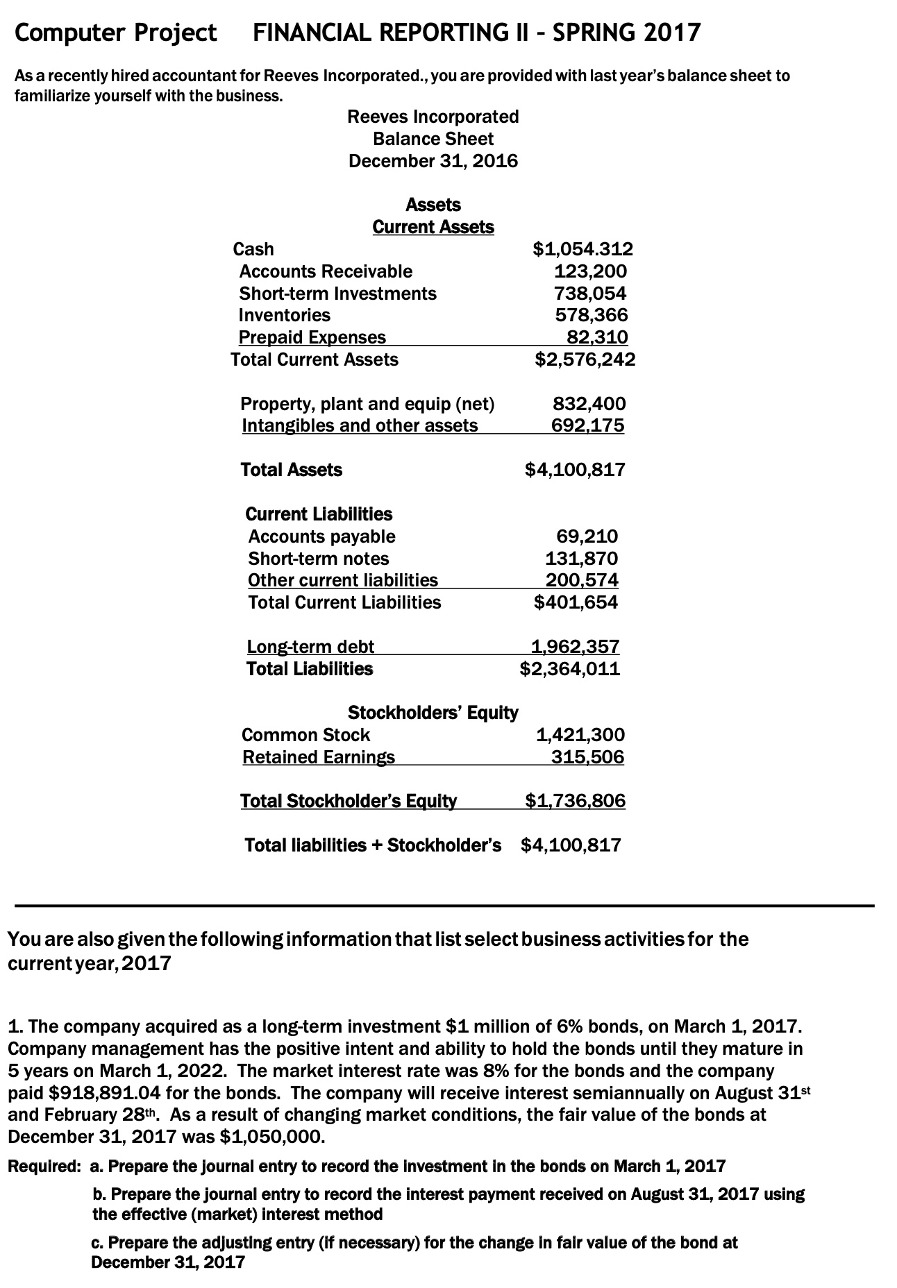 Computer Project FINANCIAL REPORTING II - SPRING 2017 As a recently hired