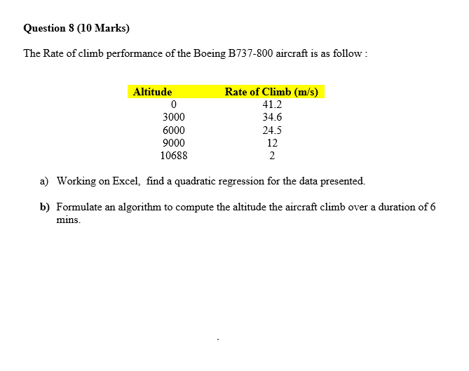 Question 8 (10 Marks) The Rate of climb performance of the Boeing