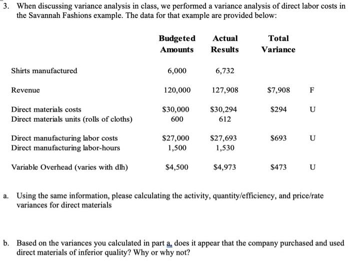 3. When discussing variance analysis in class, we performed a variance analysis