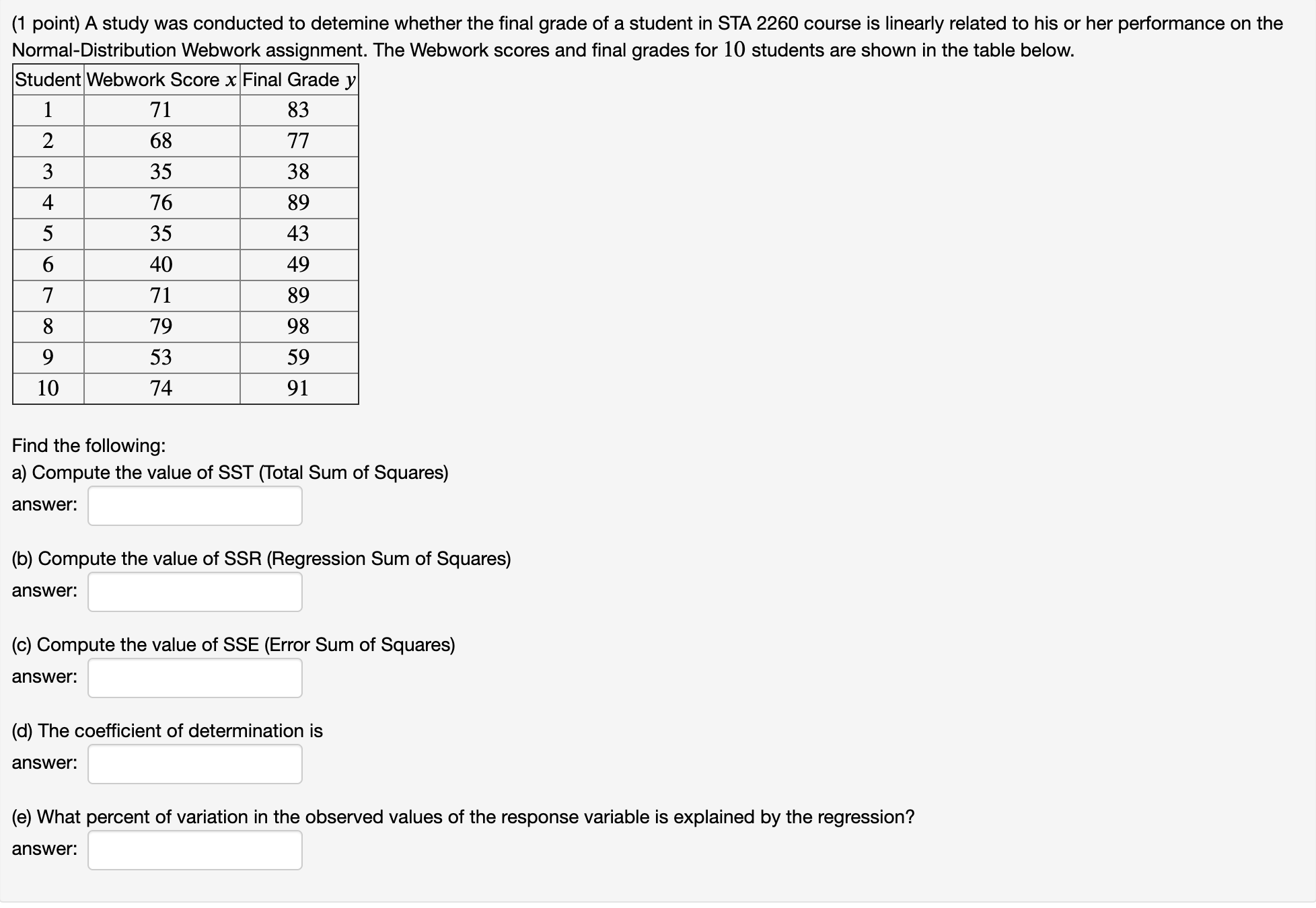 (1 point) A study was conducted to detemine whether the final grade