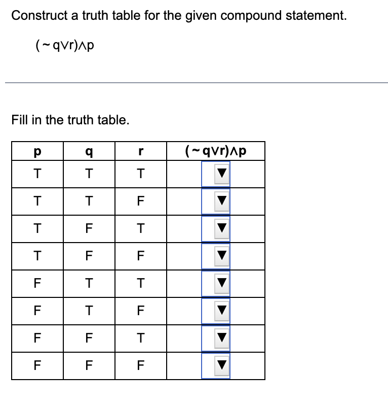 the truth table. PT q T (p^~q)V~p T T F F T