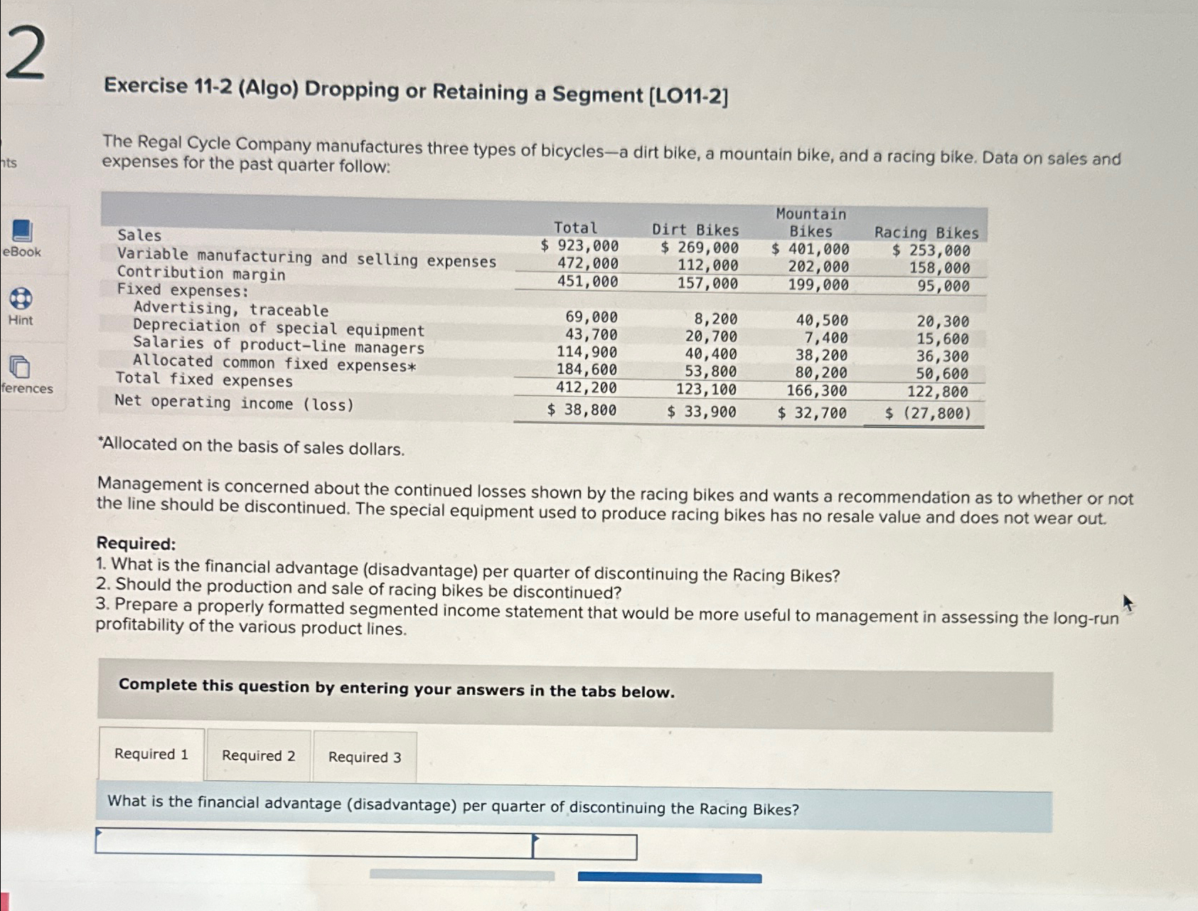 2 nts eBook Hint Exercise 11-2 (Algo) Dropping or Retaining a Segment