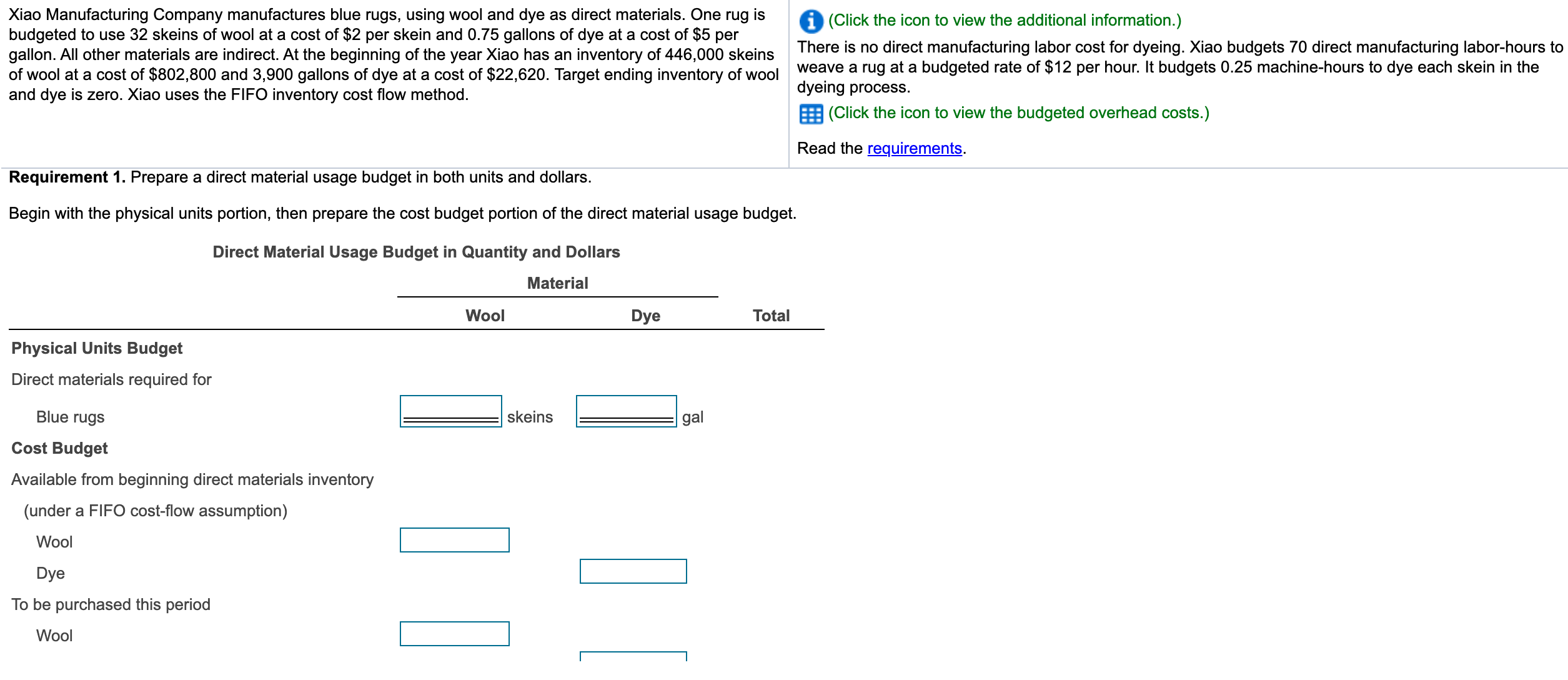 Xiao Manufacturing Company manufactures blue rugs, using wool and dye as direct