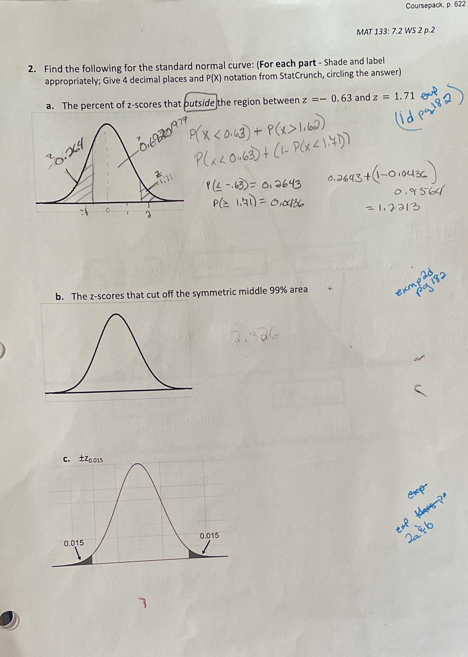 0.015 Coursepack, p. 622 MAT 133: 7.2 WS 2 p.2 2. Find