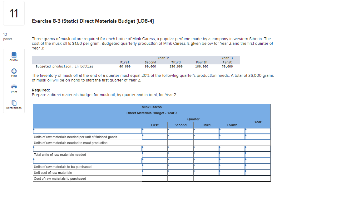 11 10 points eBook Hint Exercise 8-3 (Static) Direct Materials Budget [LO8-4]