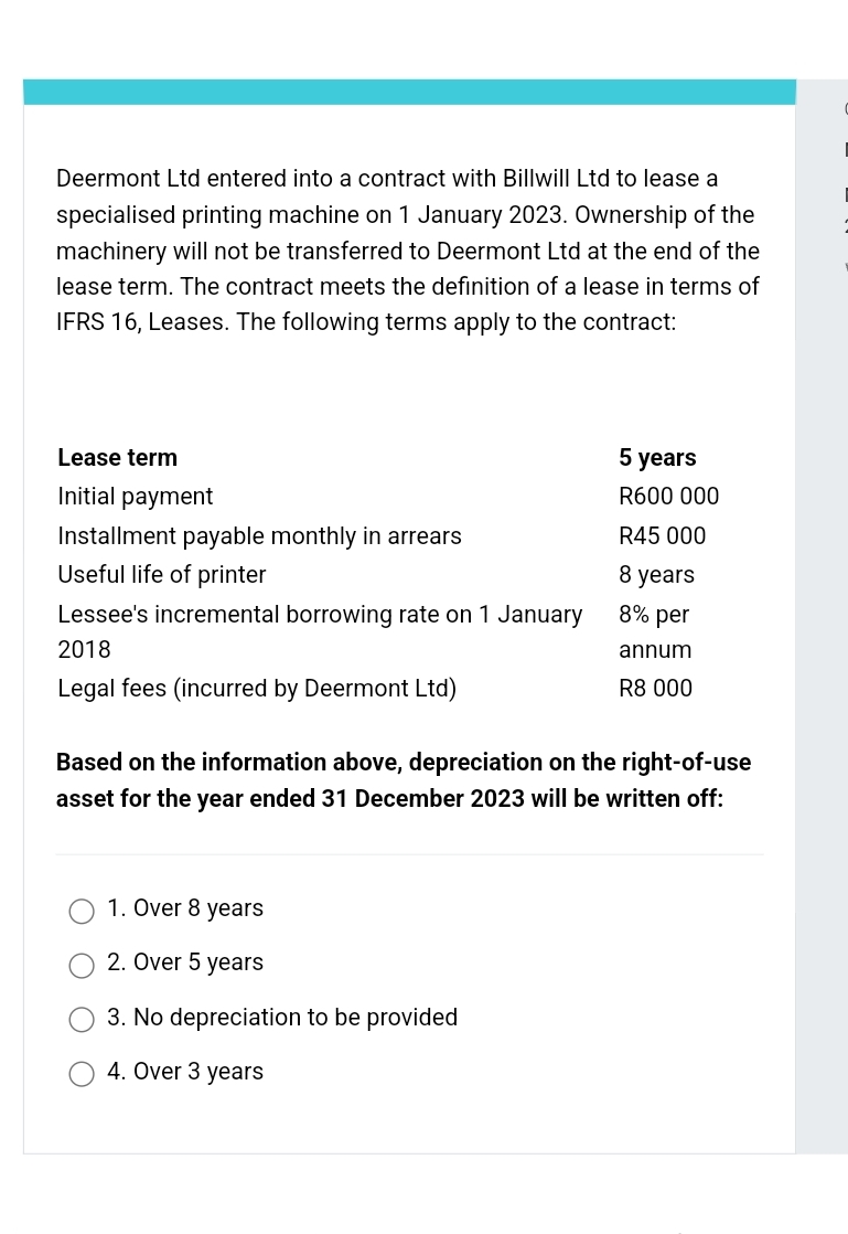 Deermont Ltd entered into a contract with Billwill Ltd to lease a