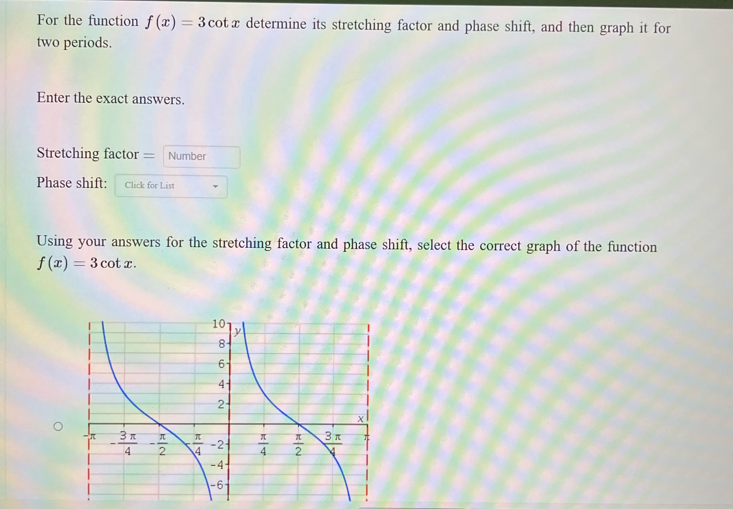 For the function f(x) = 3 cot x determine its stretching factor