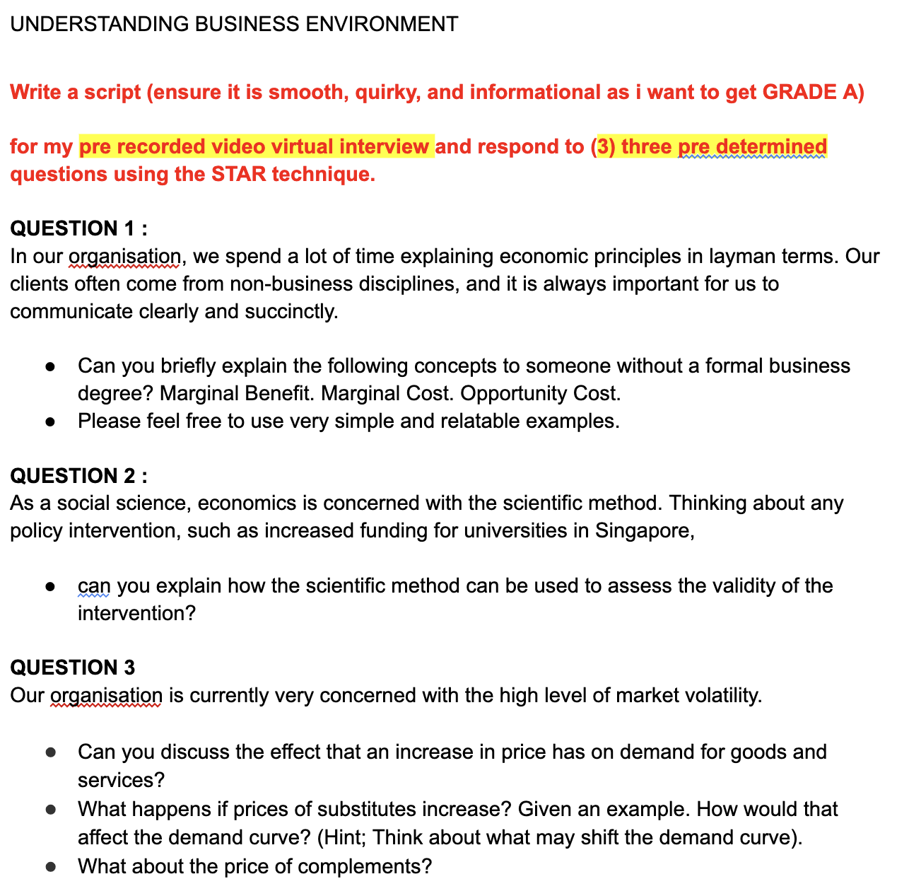 UNDERSTANDING BUSINESS ENVIRONMENT Write a script (ensure it is smooth, quirky, and