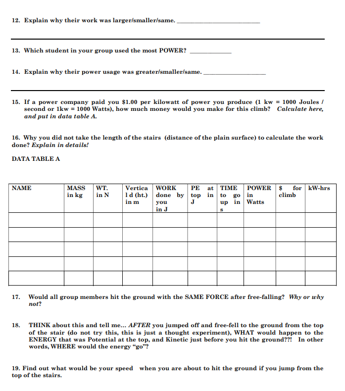 in spaces provided. Put ANSWERS in the DATA TABLE and/or in the