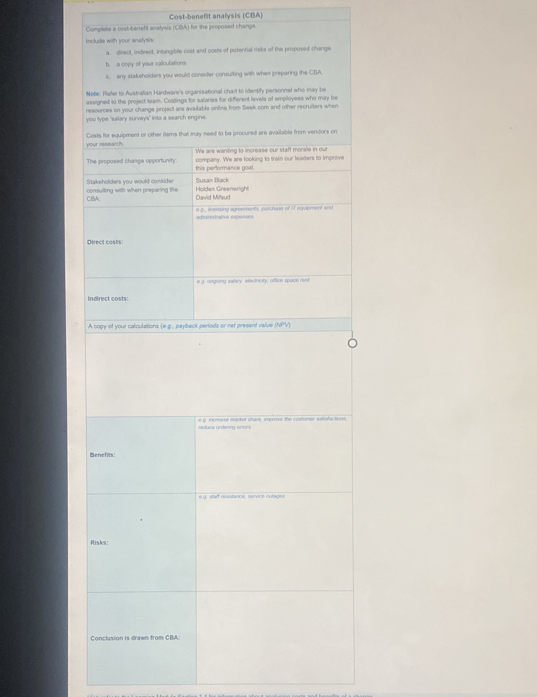 Cost-benefit analysis (CBA) Complete a cost-benefit analysis (CBA) for the proposed change.