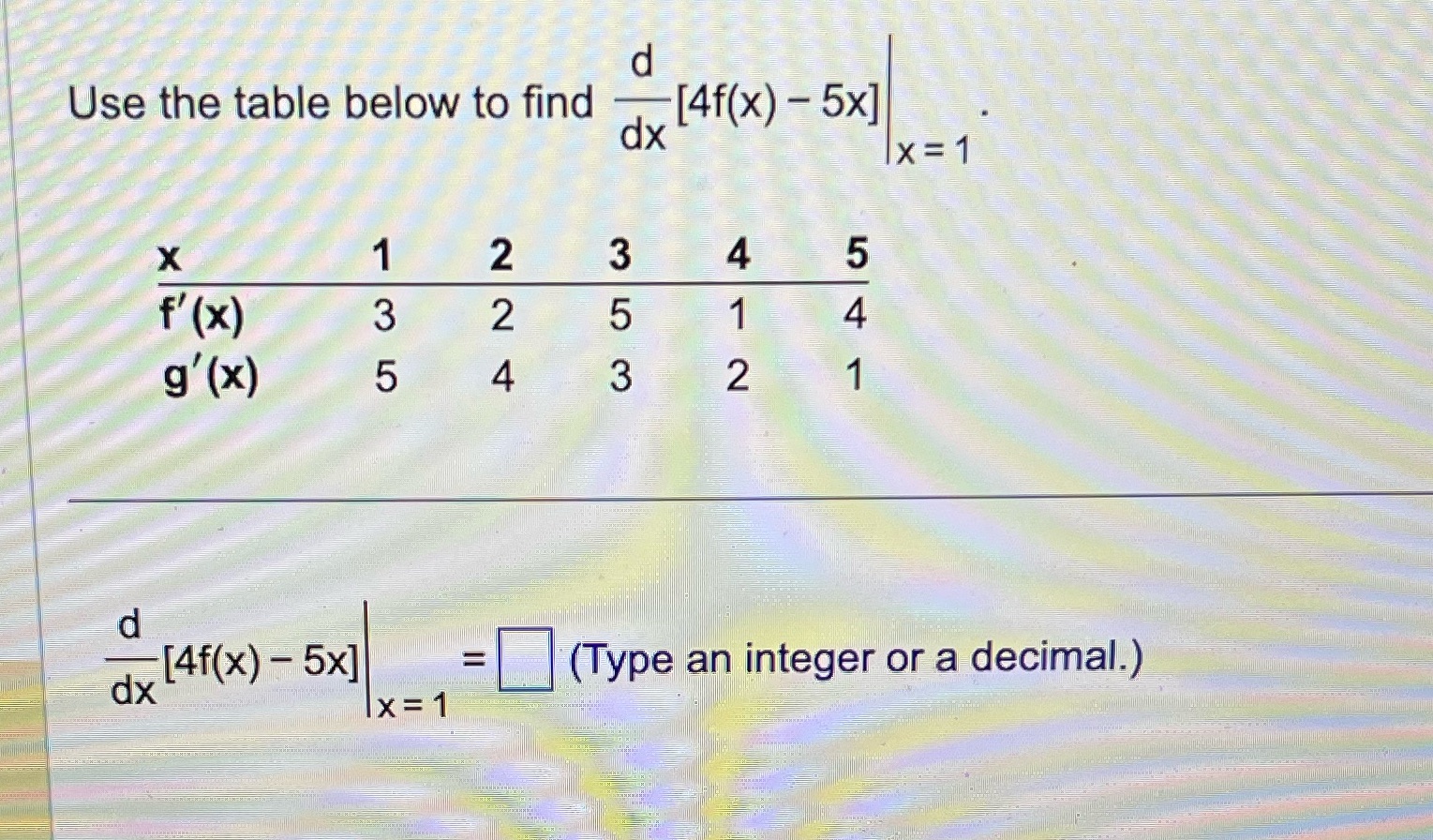 d Use the table below to find dx [4f(x) - 5x] 412