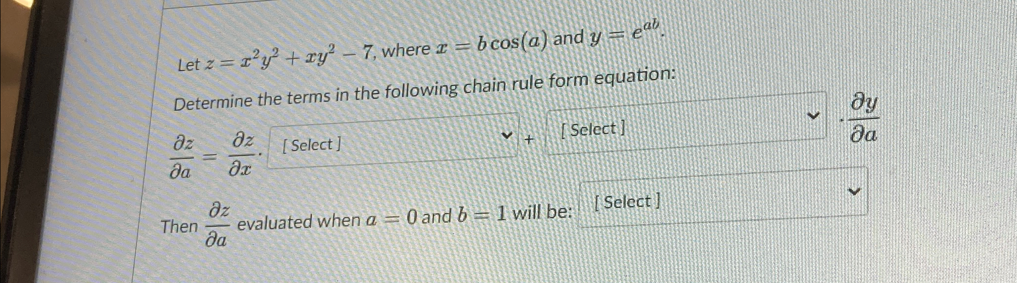 Let z = ry+ay - 7, where x = bcos(a) and y