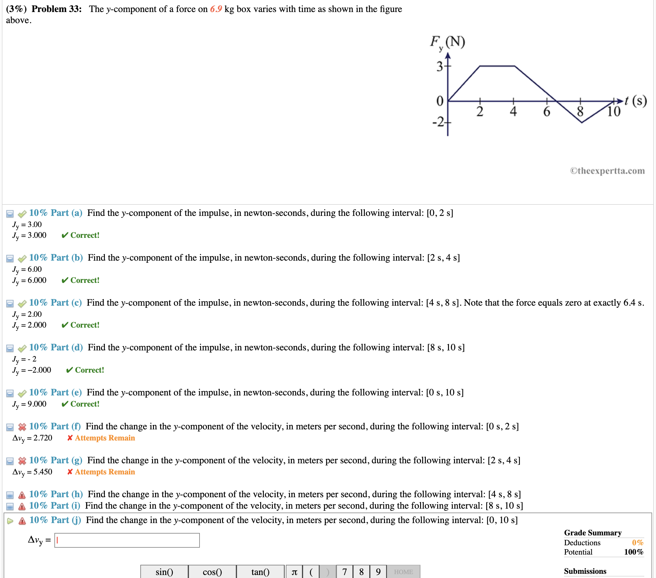 (3%) Problem 33: The y-component of a force on 6.9 kg box