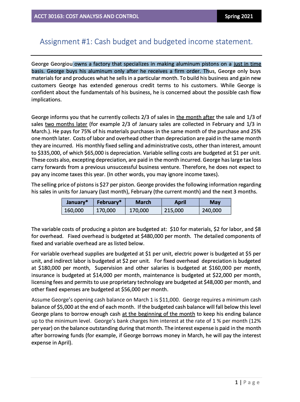 ACCT 30163: COST ANALYSIS AND CONTROL Spring 2021 Assignment #1: Cash budget