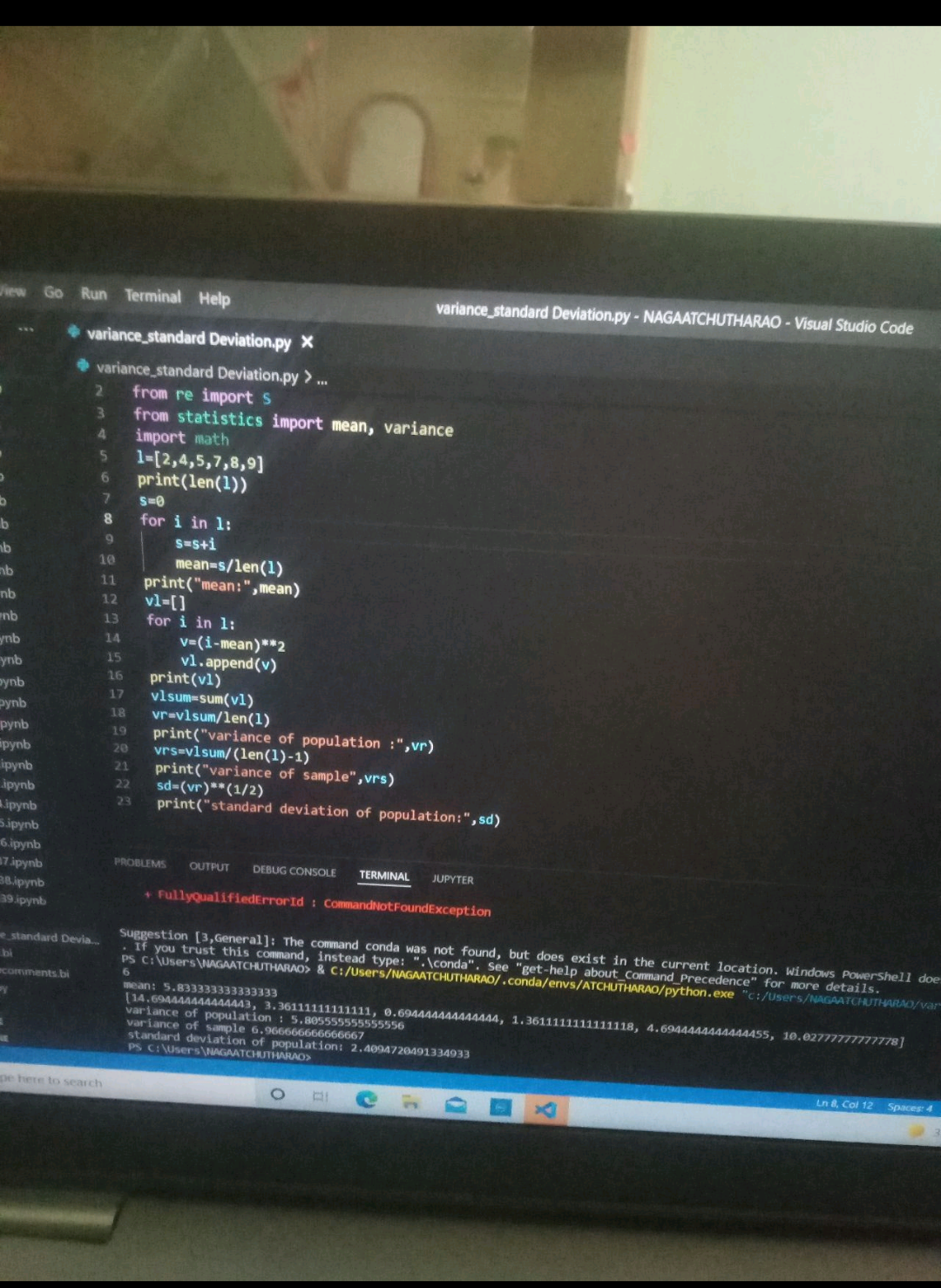 variance standard Deviation.py -NAGAATCHUTHARAO-Visual Studio Code View 2 3 4 5 6