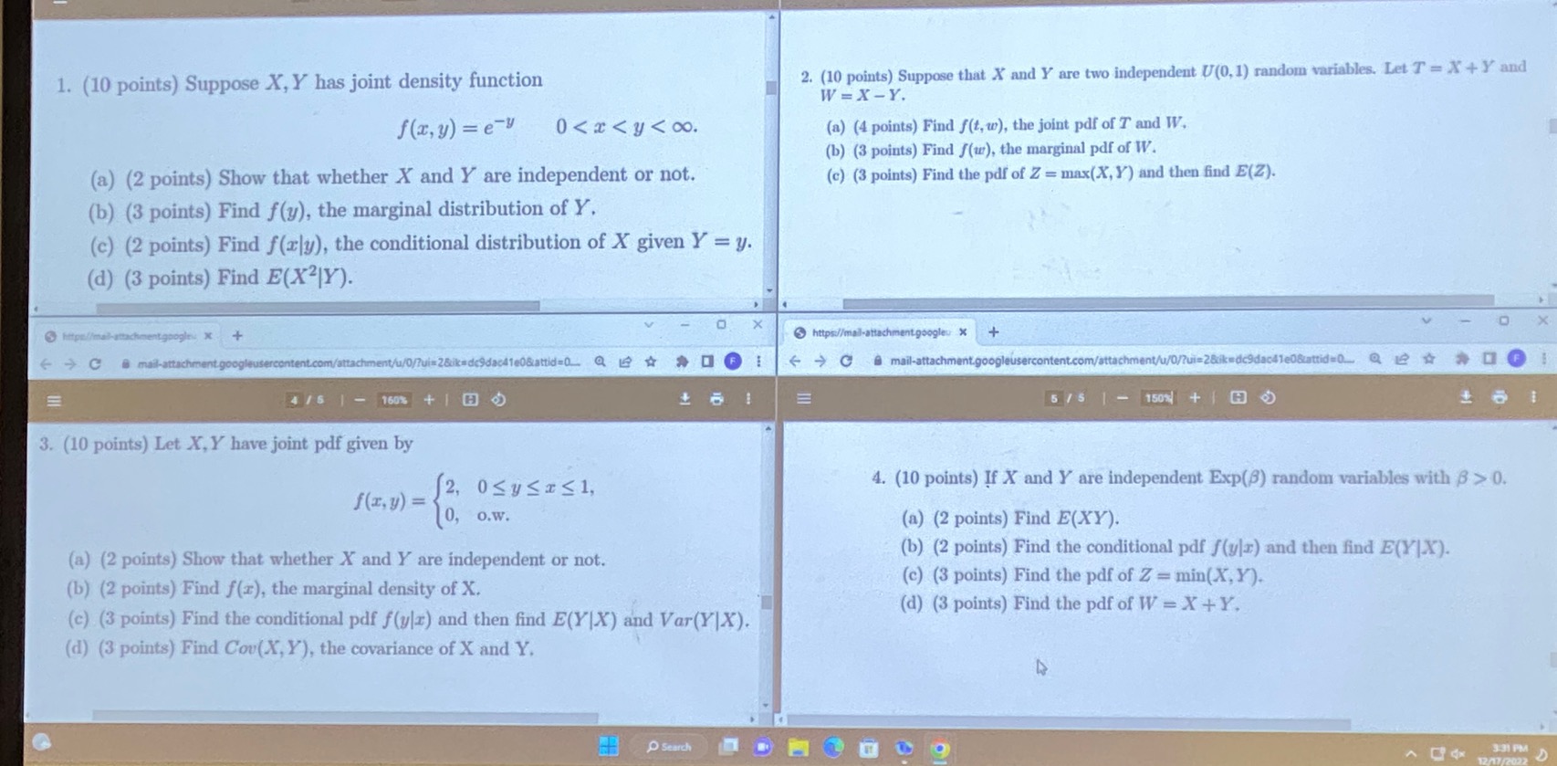 1. (10 points) Suppose X, Y has joint density function f(x, y)